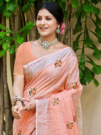 Sangam Prints Peach Linen Woven Work Traditional Saree - Distacart