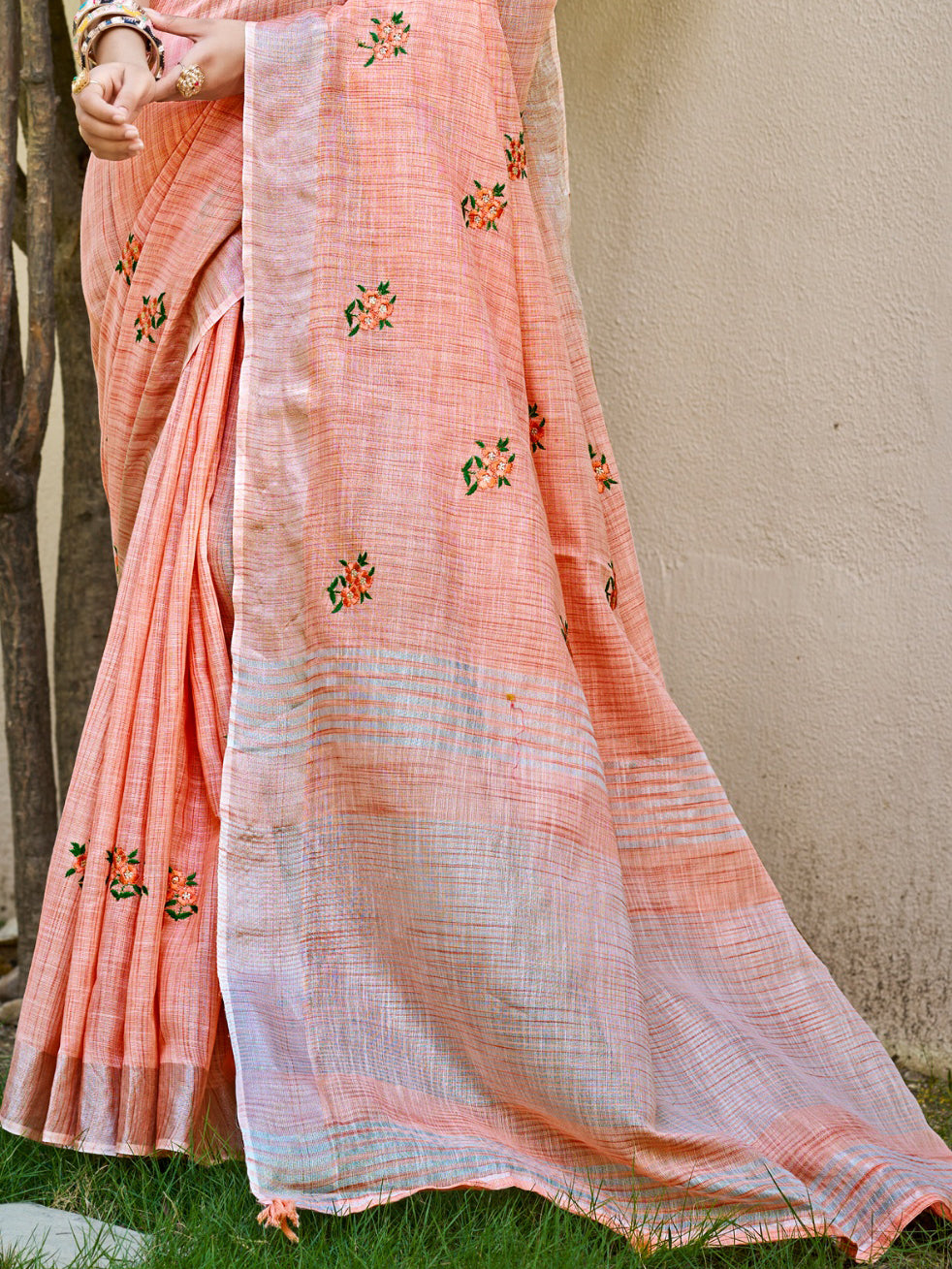 Sangam Prints Peach Linen Woven Work Traditional Saree - Distacart