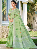 Sangam Prints Olive Green Linen Woven Work Traditional Saree - Distacart