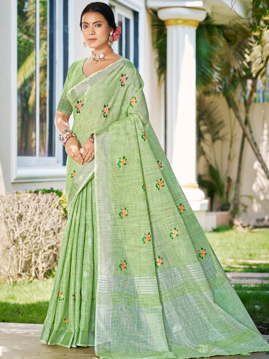 Sangam Prints Olive Green Linen Woven Work Traditional Saree - Distacart
