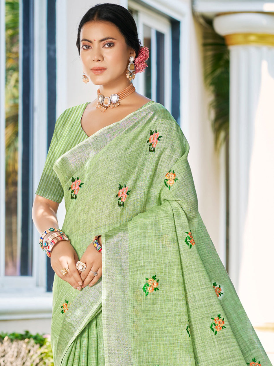 Sangam Prints Olive Green Linen Woven Work Traditional Saree - Distacart