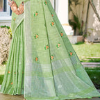 Sangam Prints Olive Green Linen Woven Work Traditional Saree - Distacart