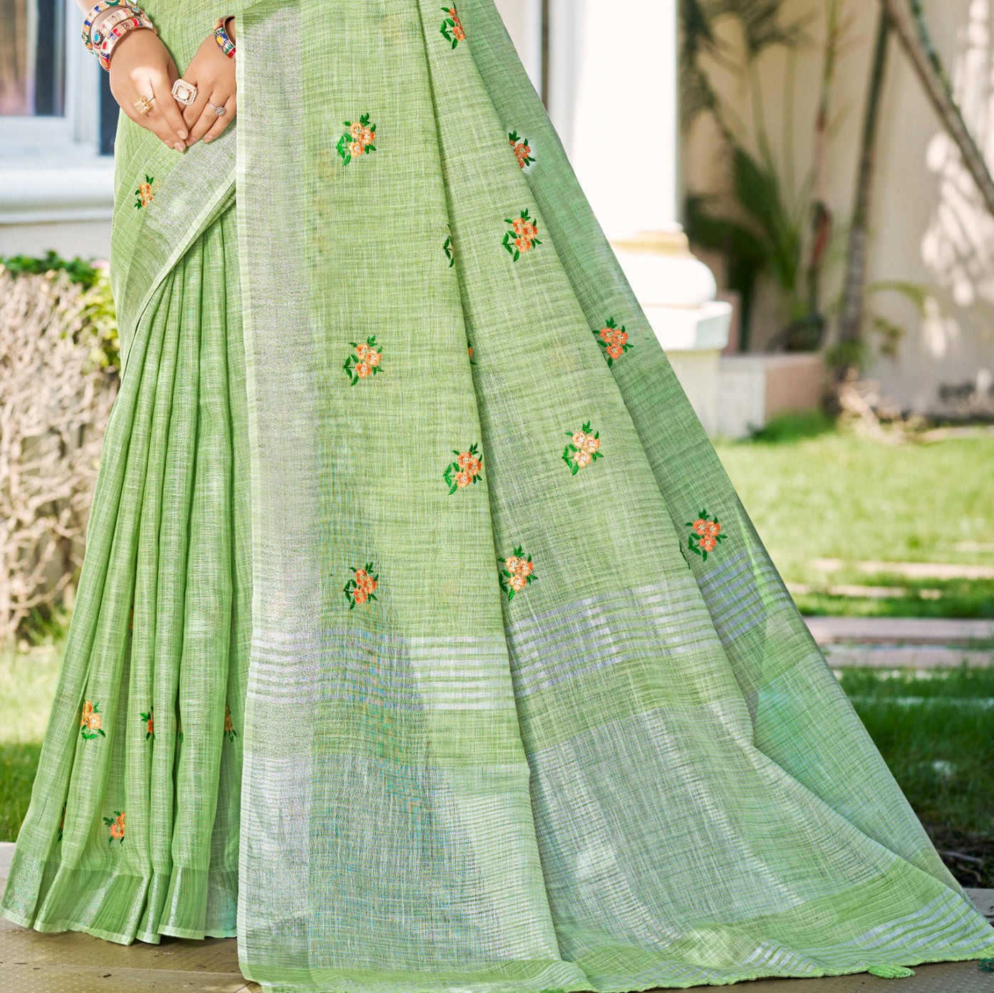 Sangam Prints Olive Green Linen Woven Work Traditional Saree - Distacart