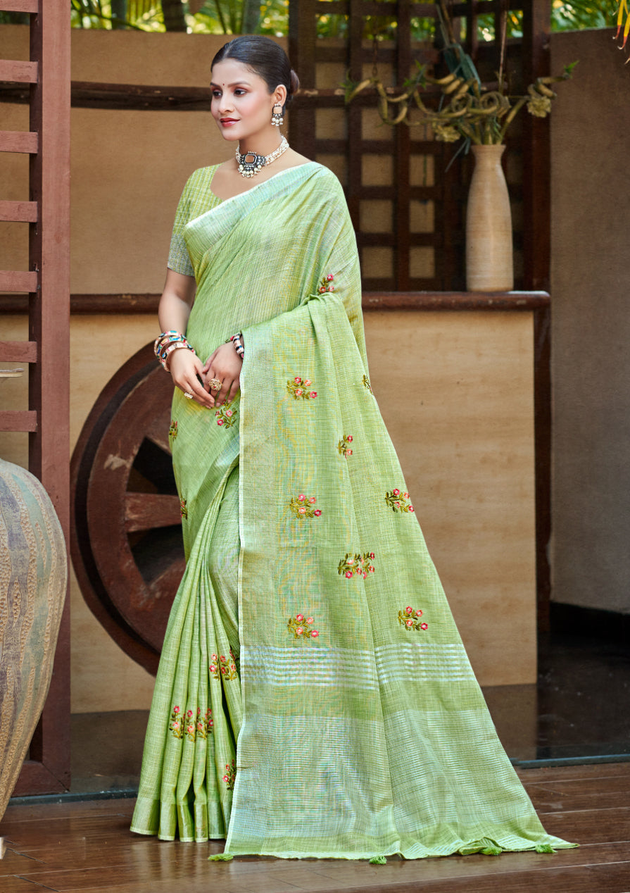 Sangam Prints Olive Green Linen Woven Work Traditional Saree - Distacart