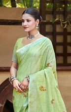 Sangam Prints Olive Green Linen Woven Work Traditional Saree - Distacart