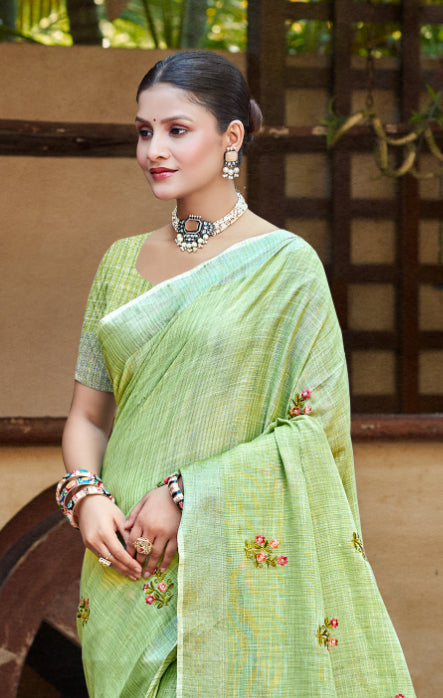 Sangam Prints Olive Green Linen Woven Work Traditional Saree - Distacart