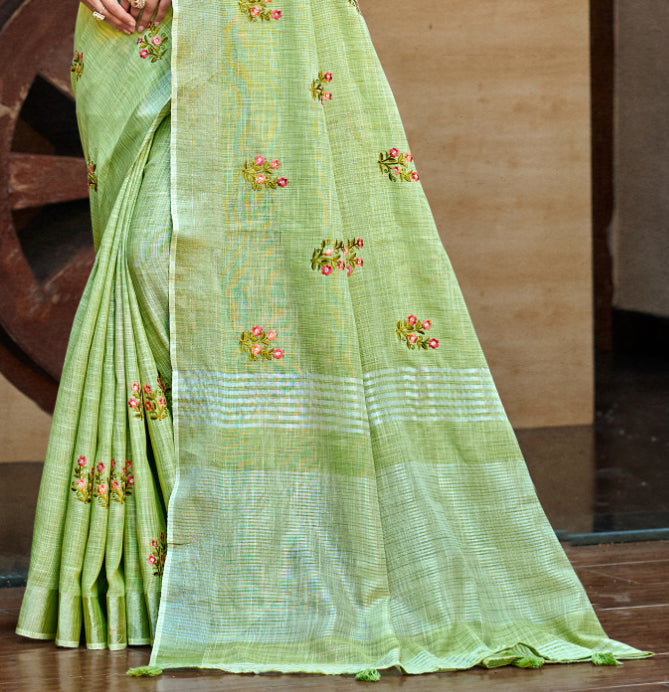 Sangam Prints Olive Green Linen Woven Work Traditional Saree - Distacart