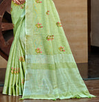 Sangam Prints Olive Green Linen Woven Work Traditional Saree - Distacart