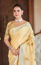 Sangam Prints Mustard Linen Woven Work Traditional Saree - Distacart