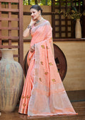 Sangam Prints Peach Linen Woven Work Traditional Saree - Distacart