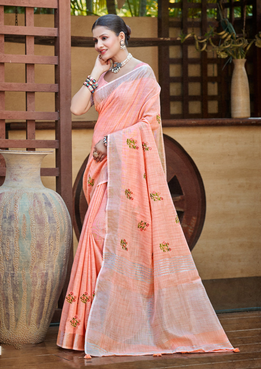 Sangam Prints Peach Linen Woven Work Traditional Saree - Distacart