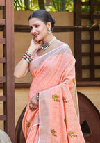 Sangam Prints Peach Linen Woven Work Traditional Saree - Distacart