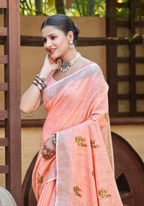 Sangam Prints Peach Linen Woven Work Traditional Saree - Distacart
