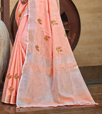 Sangam Prints Peach Linen Woven Work Traditional Saree - Distacart