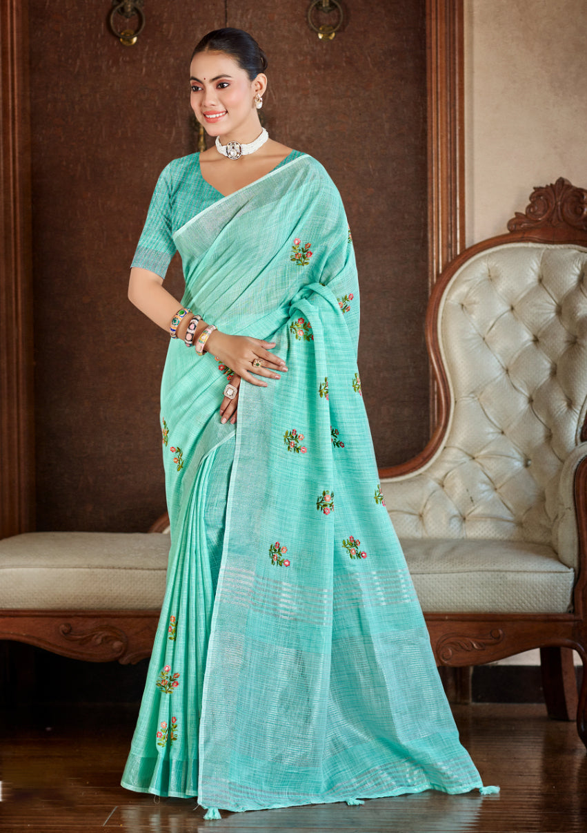 Sangam Prints Sea Green Linen Woven Work Traditional Saree - Distacart