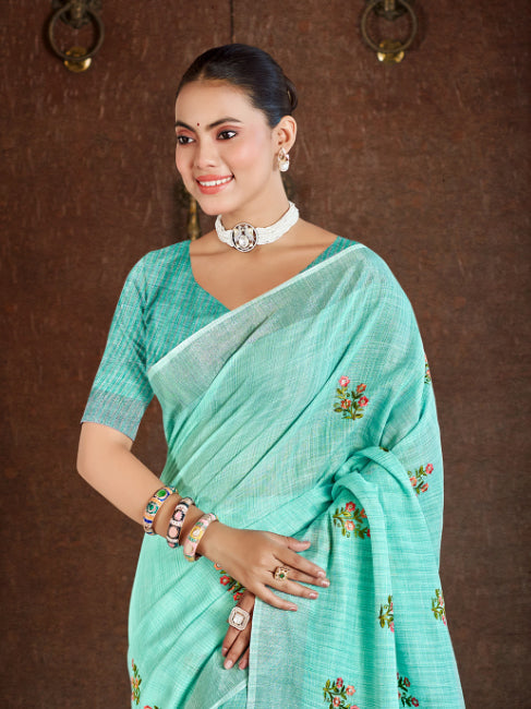 Sangam Prints Sea Green Linen Woven Work Traditional Saree - Distacart