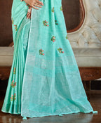 Sangam Prints Sea Green Linen Woven Work Traditional Saree - Distacart