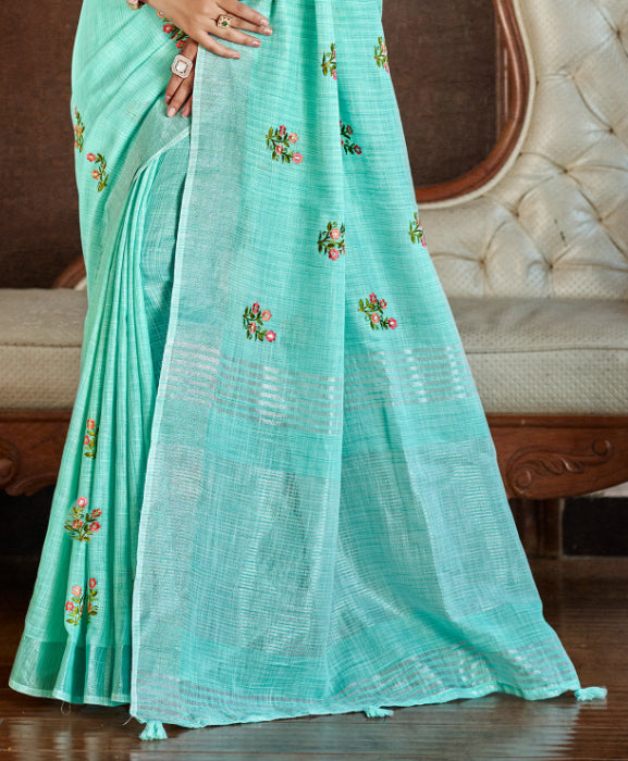 Sangam Prints Sea Green Linen Woven Work Traditional Saree - Distacart