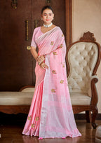Sangam Prints Pink Linen Woven Work Traditional Saree - Distacart