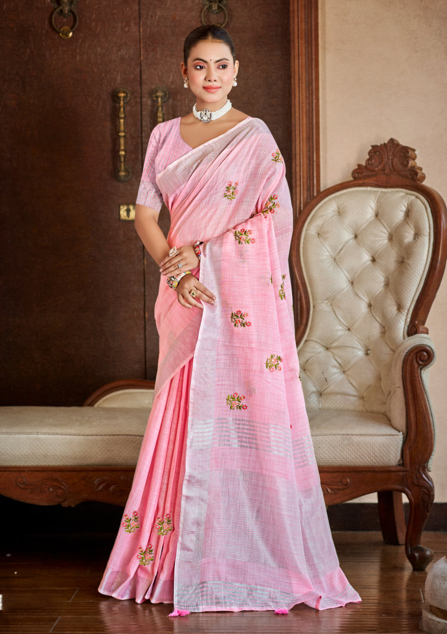 Sangam Prints Pink Linen Woven Work Traditional Saree - Distacart