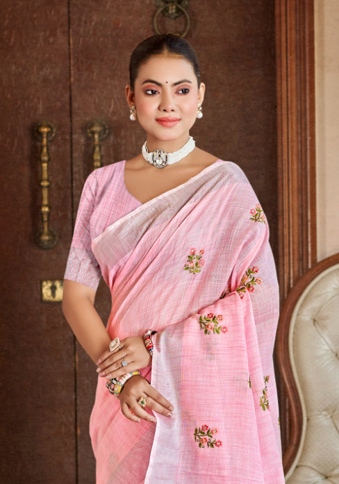 Sangam Prints Pink Linen Woven Work Traditional Saree - Distacart