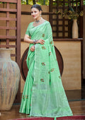 Sangam Prints Bottle Green Linen Woven Work Traditional Saree - Distacart