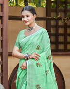 Sangam Prints Bottle Green Linen Woven Work Traditional Saree - Distacart