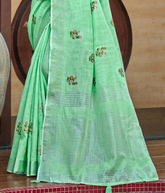 Sangam Prints Bottle Green Linen Woven Work Traditional Saree - Distacart