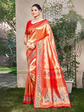 Sangam Prints Orange Kanjivaram Silk Woven Work Traditional Saree