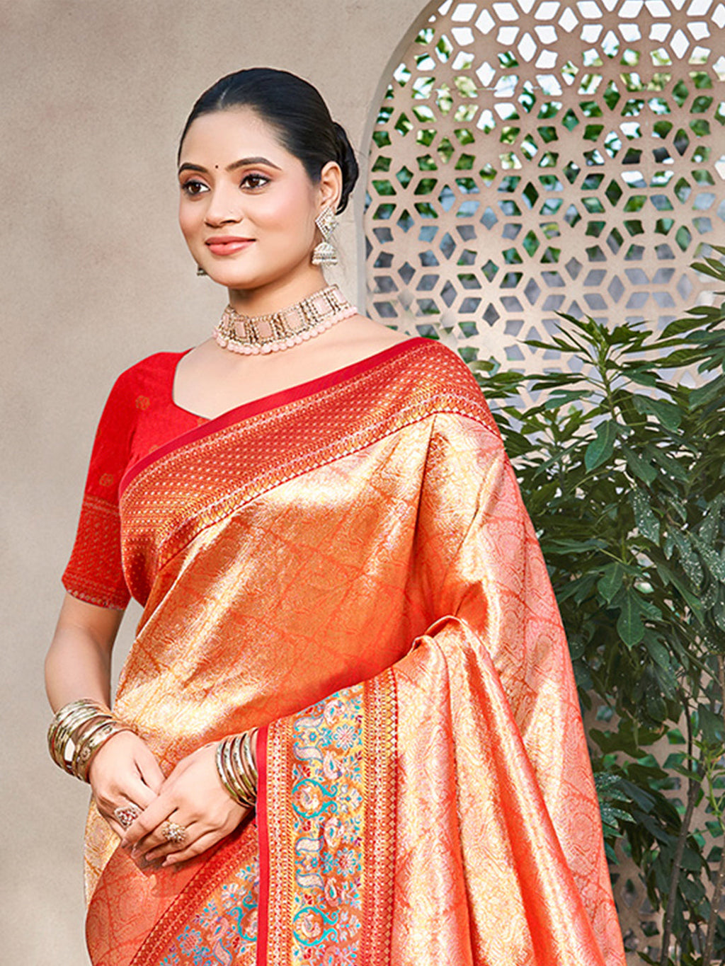Sangam Prints Orange Kanjivaram Silk Woven Work Traditional Saree