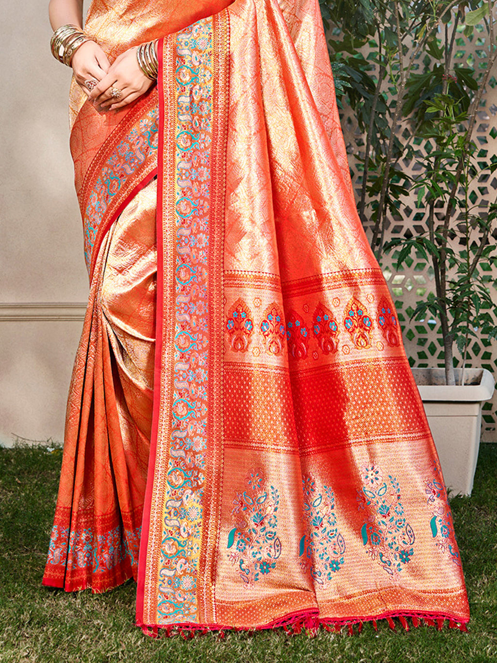 Sangam Prints Orange Kanjivaram Silk Woven Work Traditional Saree