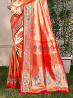 Sangam Prints Orange Kanjivaram Silk Woven Work Traditional Saree