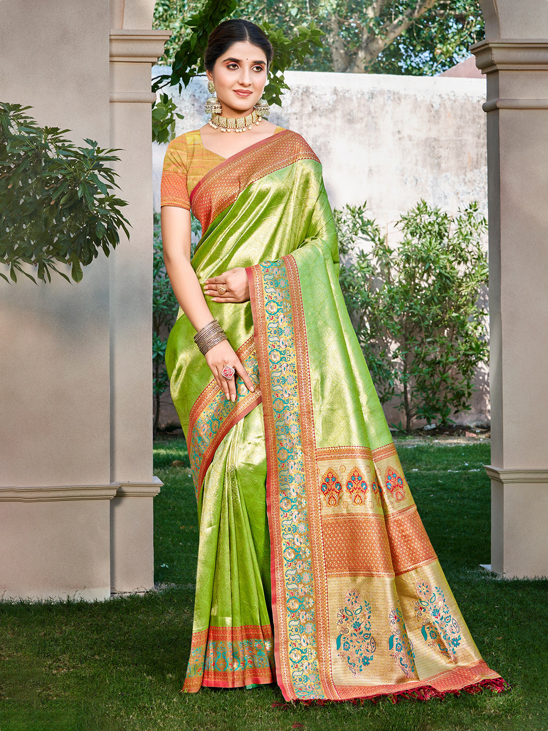 Sangam Prints Green Kanjivaram Silk Woven Work Traditional Saree