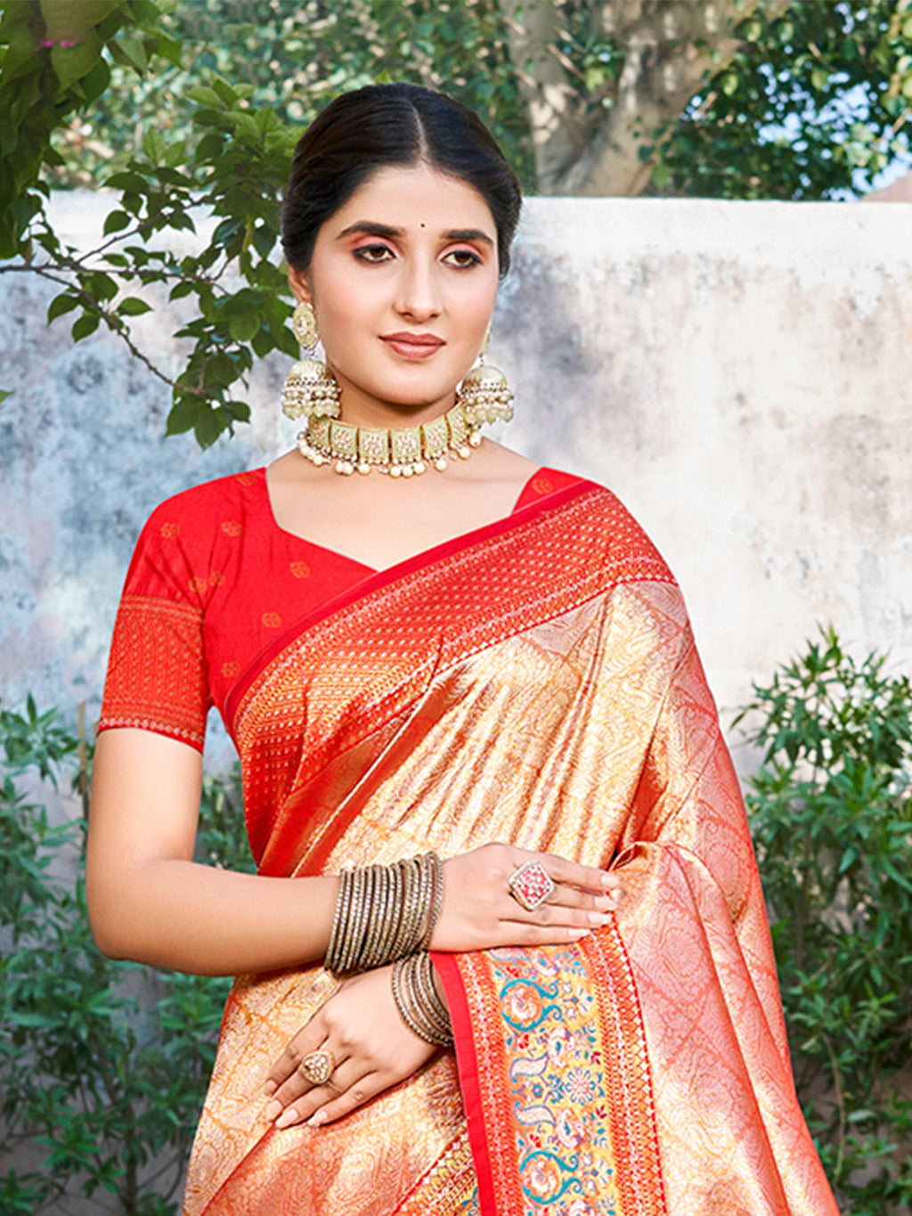 Sangam Prints Red Kanjivaram Silk Woven Work Traditional Saree