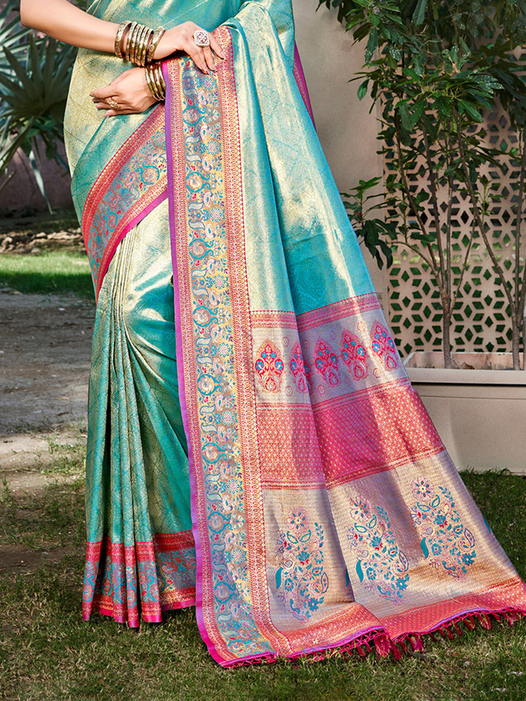 Sangam Prints Teal Kanjivaram Silk Woven Work Traditional Saree