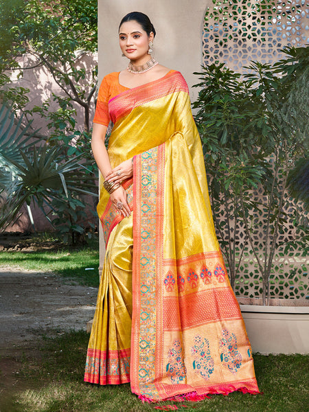 Sangam Prints Yellow Kanjivaram Silk Woven Work Traditional Saree