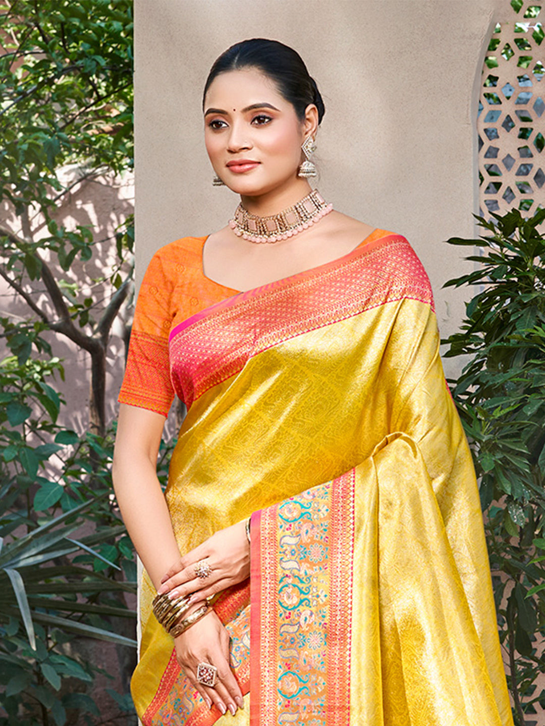 Sangam Prints Yellow Kanjivaram Silk Woven Work Traditional Saree