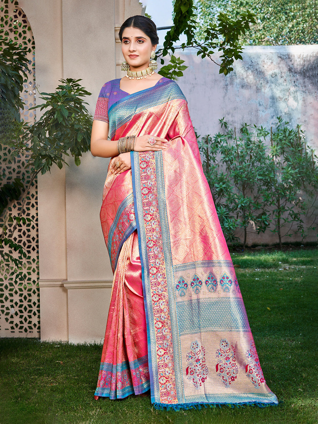 Sangam Prints Pink Kanjivaram Silk Woven Work Traditional Saree