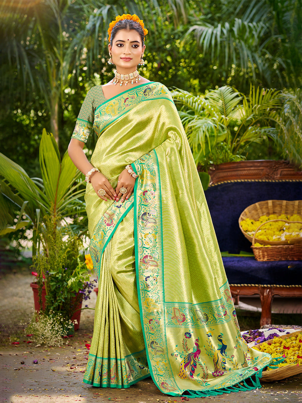 Sangam Prints Parrot Green Silk Woven Work Traditional Saree - Distacart