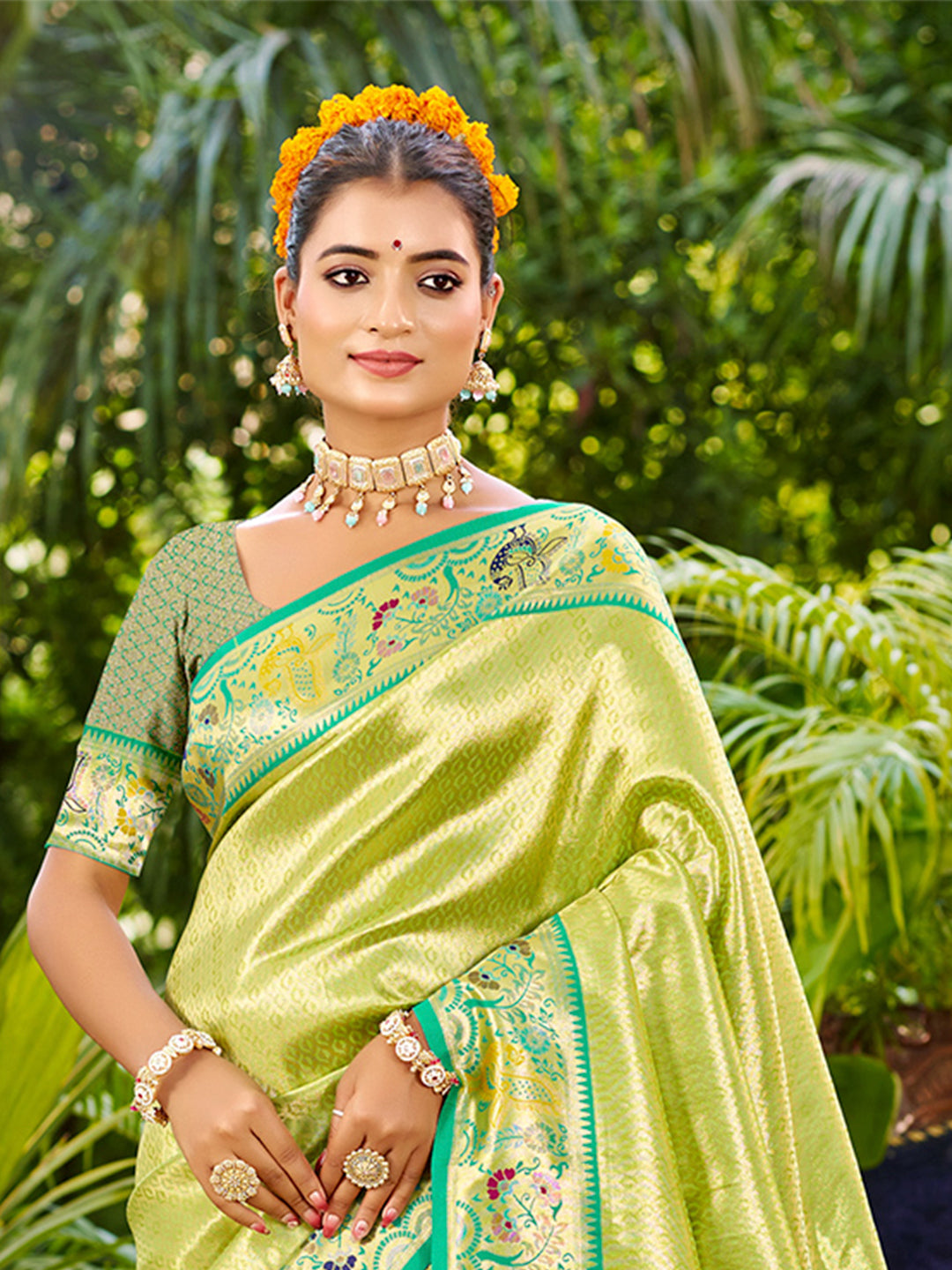 Sangam Prints Parrot Green Silk Woven Work Traditional Saree - Distacart