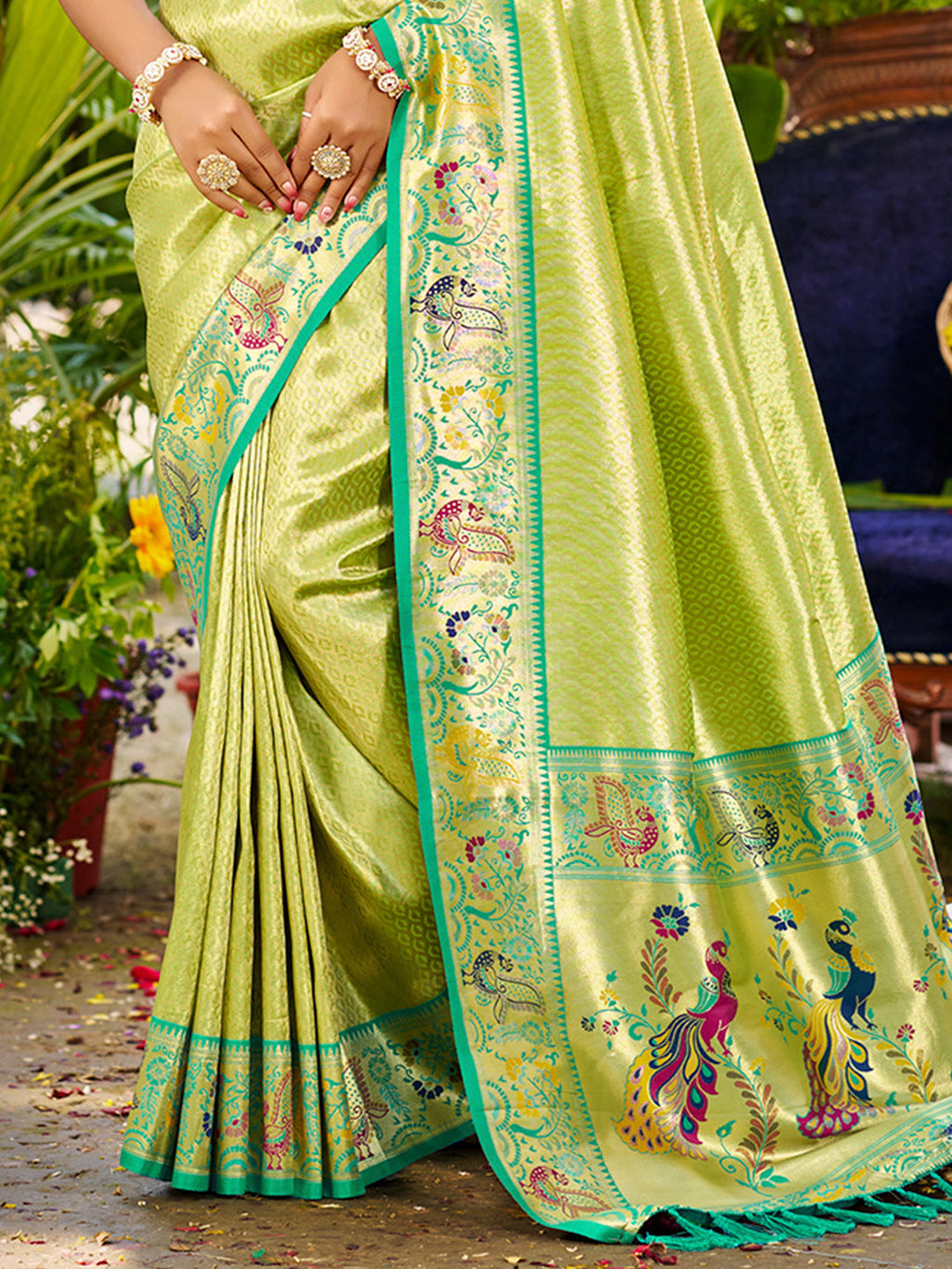 Sangam Prints Parrot Green Silk Woven Work Traditional Saree - Distacart
