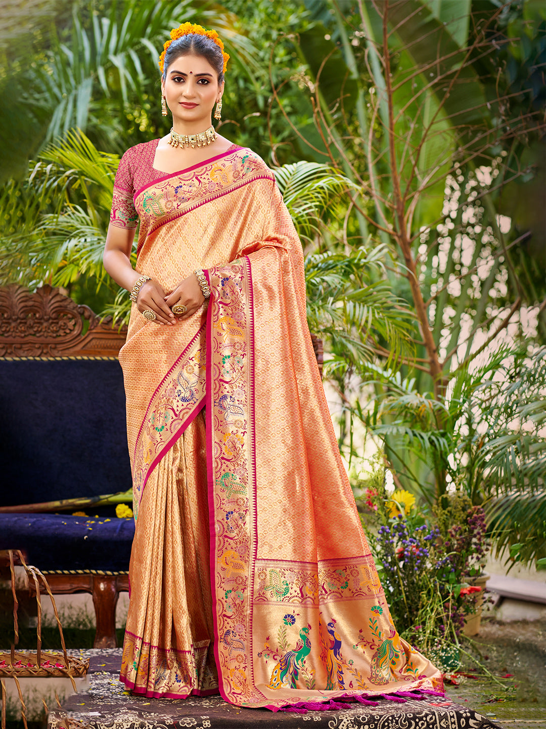 Sangam Prints Orange Silk Woven Work Traditional Saree - Distacart