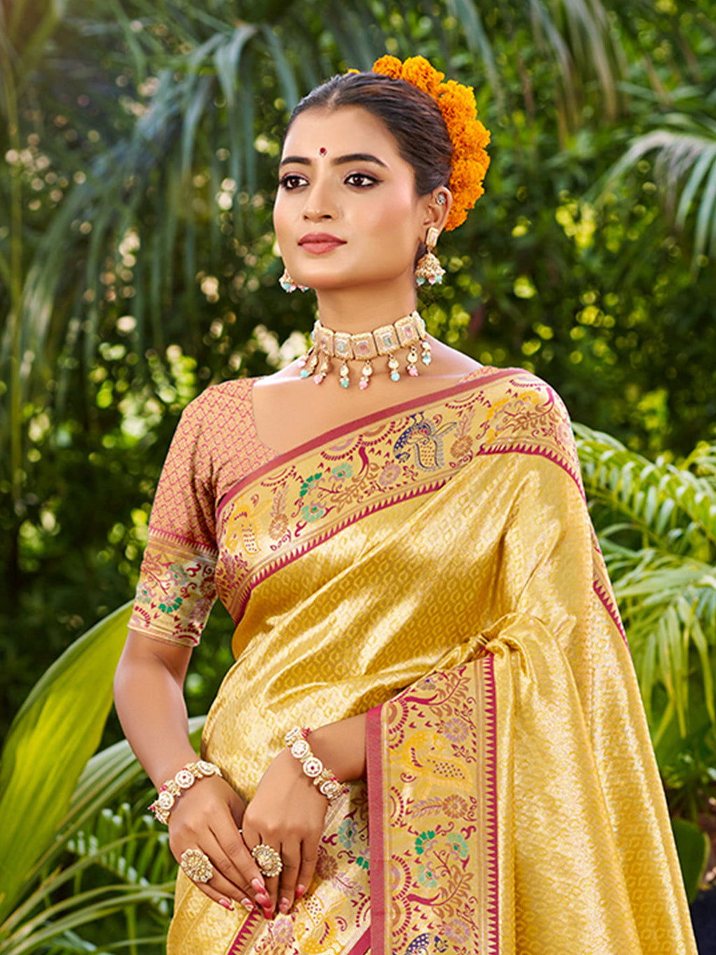 Sangam Prints Yellow Silk Woven Work Traditional Saree - Distacart