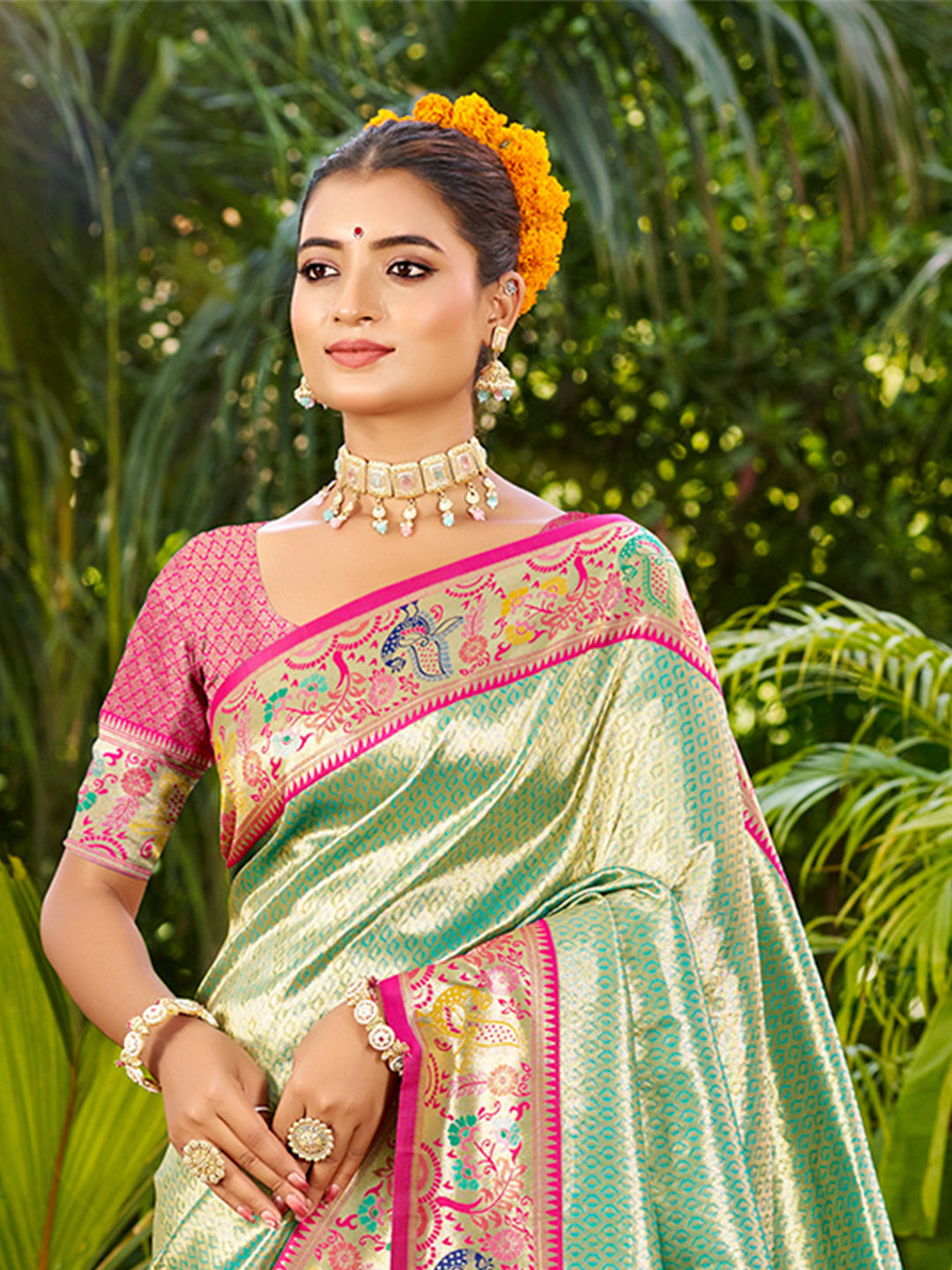 Sangam Prints Dark Green Silk Woven Work Traditional Saree - Distacart