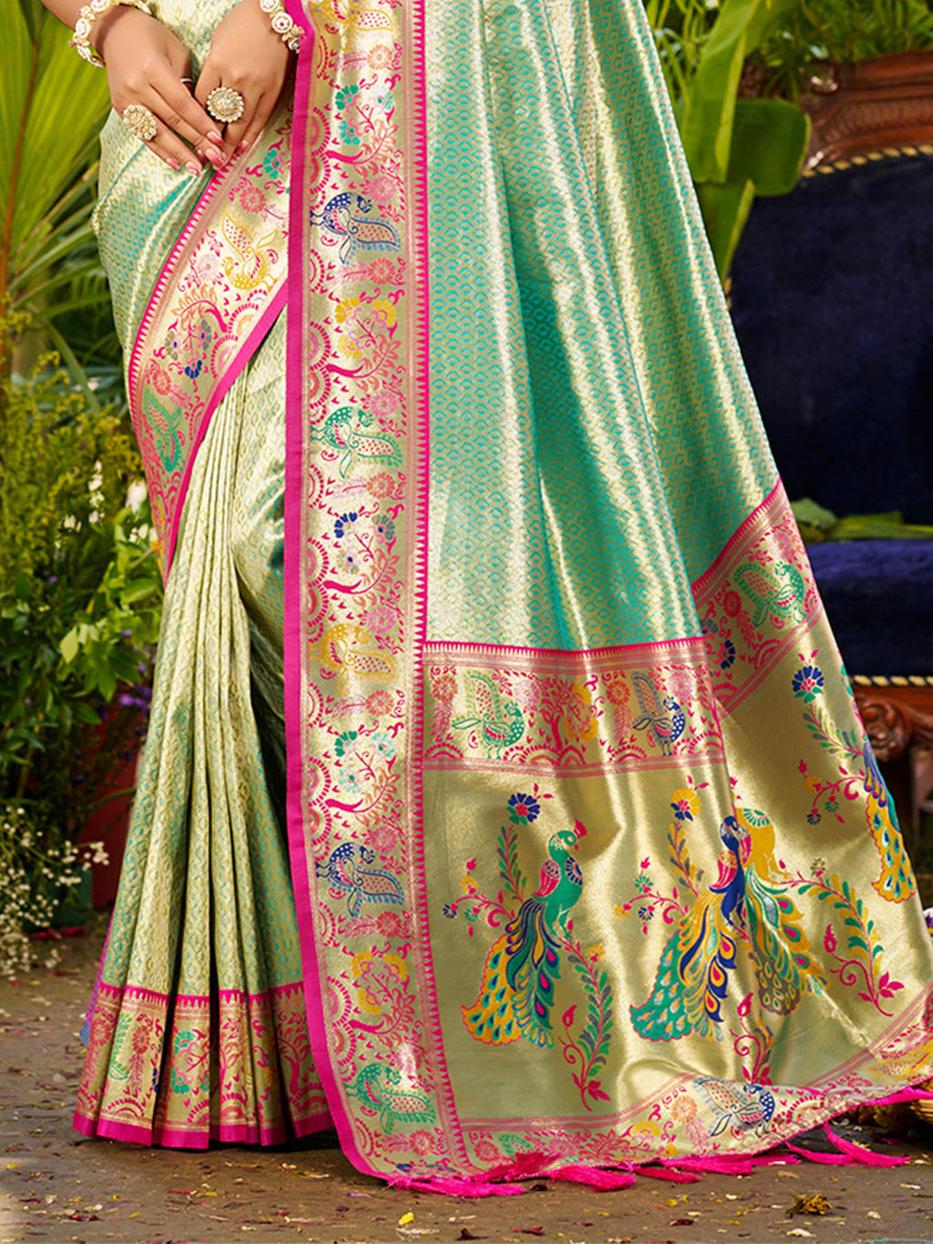 Sangam Prints Dark Green Silk Woven Work Traditional Saree - Distacart