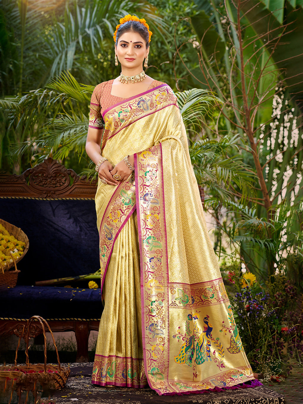 Sangam Prints Beige Silk Woven Work Traditional Saree - Distacart