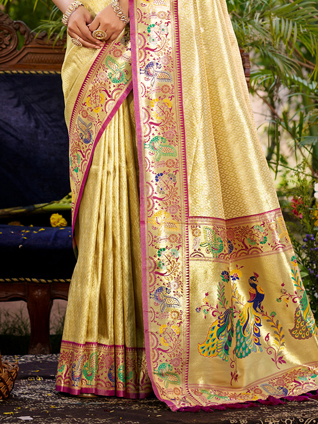 Sangam Prints Beige Silk Woven Work Traditional Saree - Distacart