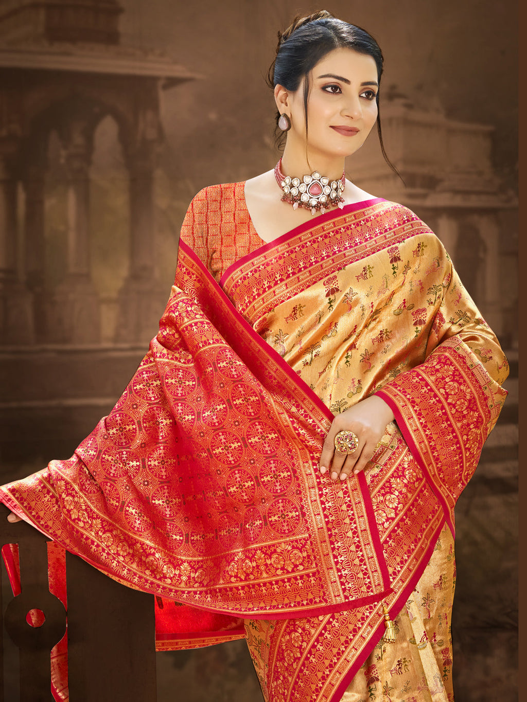 Sangam Prints Multi Color Dharmavaram Woven Work Traditional Saree - Distacart
