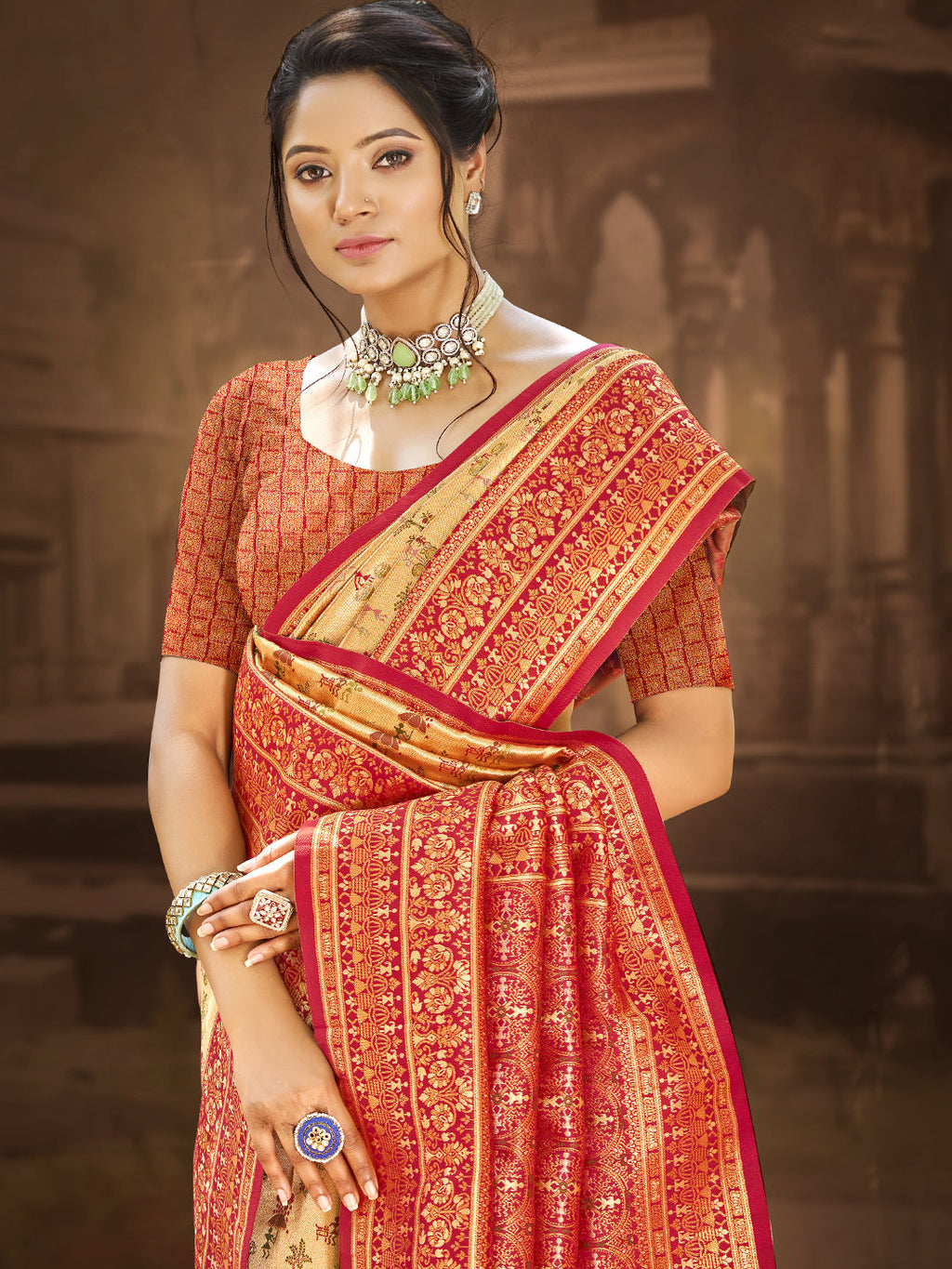 Sangam Prints Multi Color Dharmavaram Woven Work Traditional Saree - Distacart