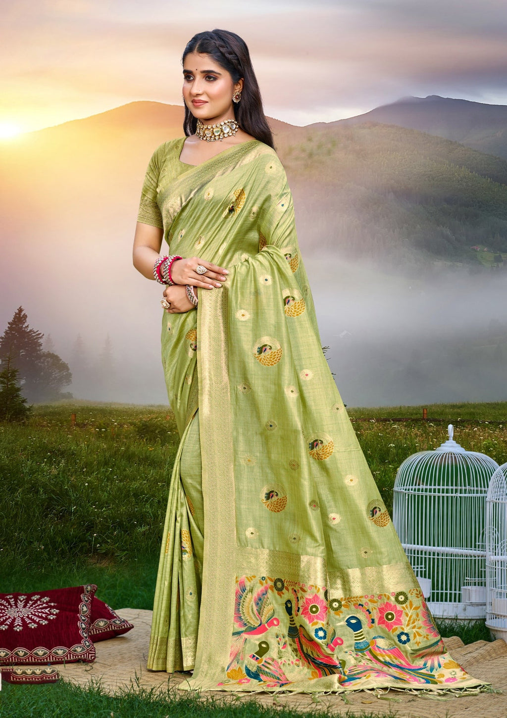 Sangam Prints Green Heavy Assam Silk Saree With Meena Woven Work Traditional Saree - Distacart